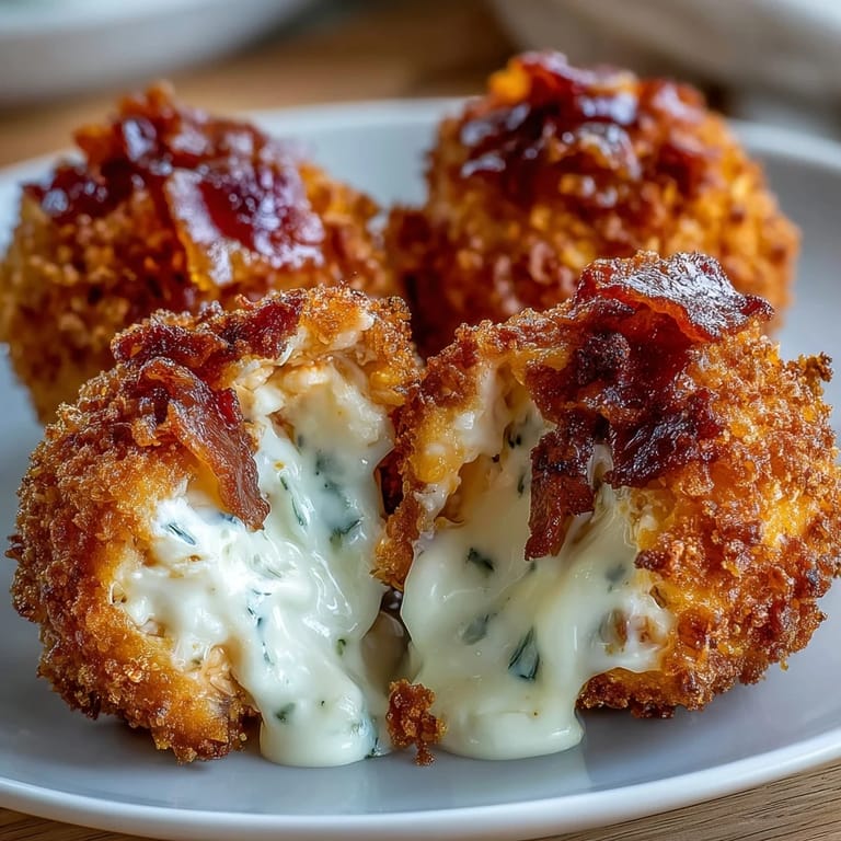 Freshly fried Buffalo Chicken Bacon Mozzarella Bombs drizzled with buffalo sauce and served hot.