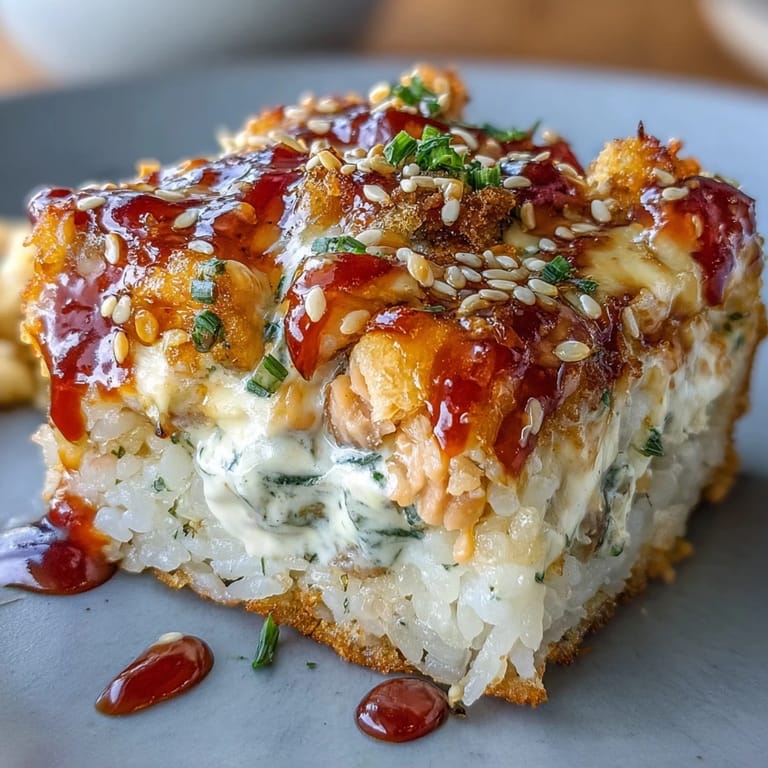 Deconstructed casserole-style Spicy Salmon Sushi Bake with nori and spicy salmon layers in a baking pan.