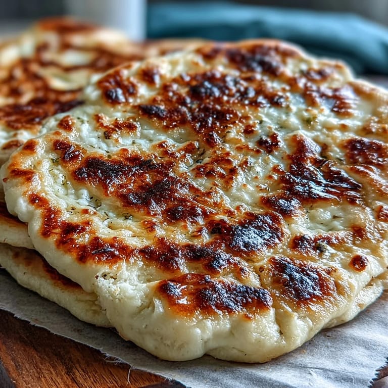 Close-up of Easy Garlic Naan Bread showing bubbly texture and fresh cilantro garnish on a warm, buttered flatbread.