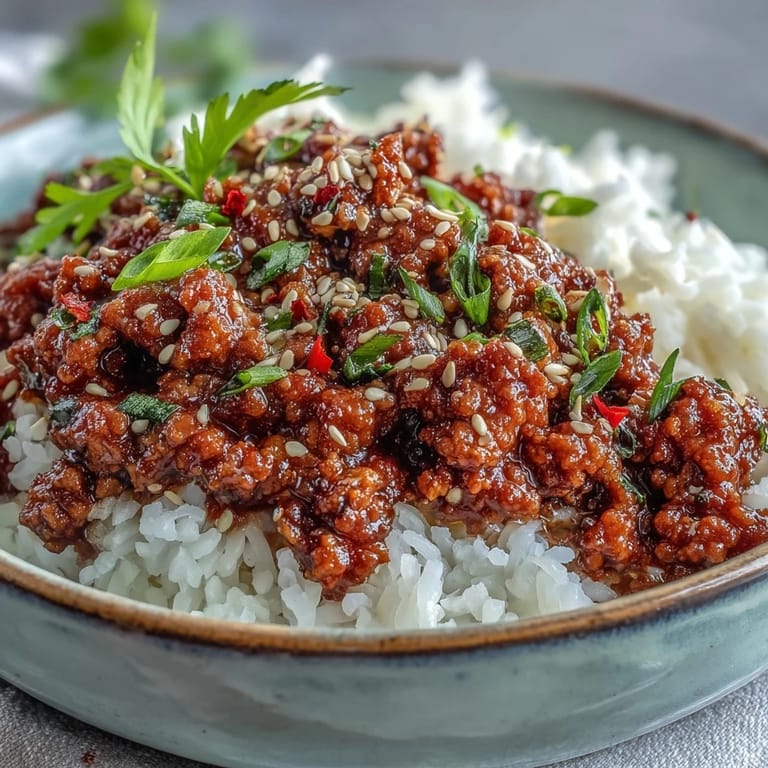 Close-up of Korean-Style Ground Turkey revealing tender, browned turkey meat and vibrant aromatics, ready to be enjoyed.