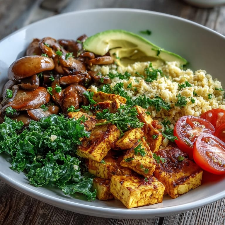 Vibrant Scrambled Tofu Breakfast Bowl with golden tofu, sautéed kale, and mushrooms over couscous, topped with parsley and lemon.