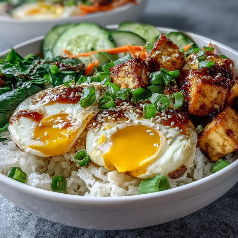 Savory tofu and jammy eggs topping rice in an Asian-inspired Tofu Jammy Egg Breakfast Bowl.