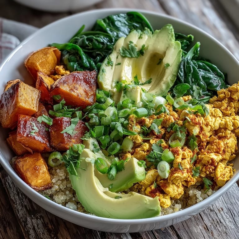 Savory vegan Tofu Scramble Breakfast Bowl, a nutritious morning meal with fluffy quinoa.