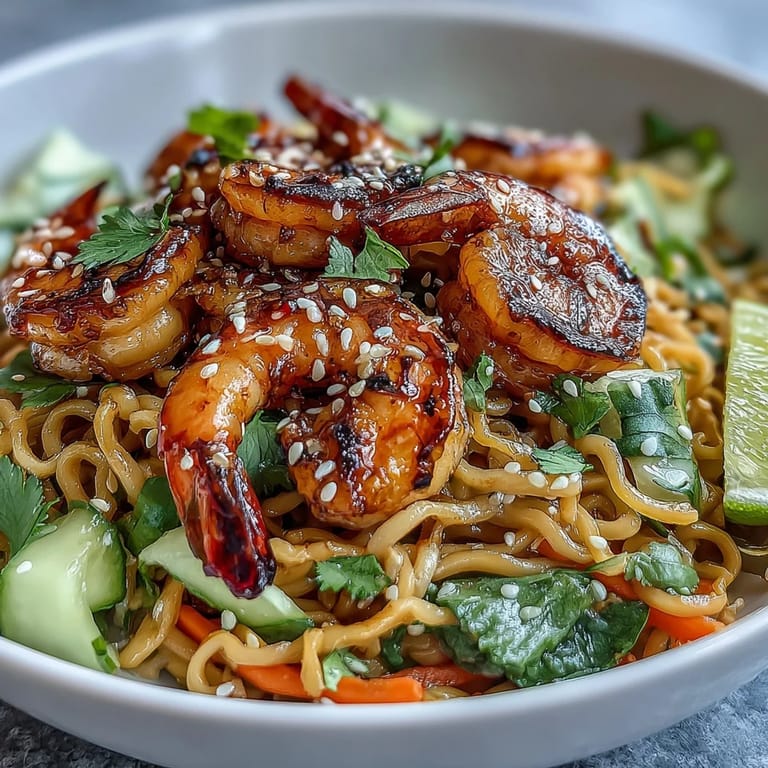 This 15-Minute Asian Noodle Bowl overflows with colorful veggies and delicious grilled shrimp.