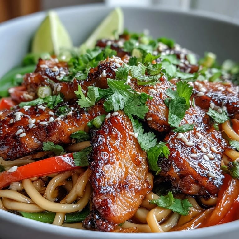 Delicious Sesame Chicken Noodle Bowl with toasted sesame seeds and fresh herbs.