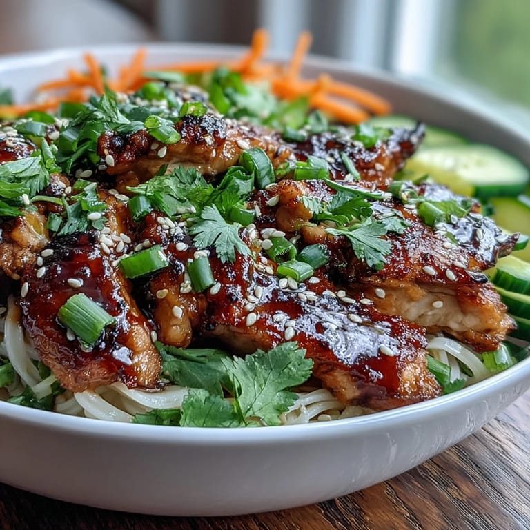Colorful Asian Chicken Noodle Bowl, garnished with sesame seeds and lime.