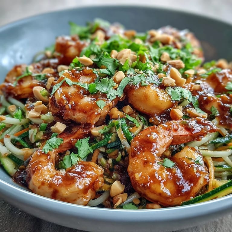 Top-down view of a delicious Asian Noodle Bowl topped with cilantro and peanuts, next to a small sauce drizzle.