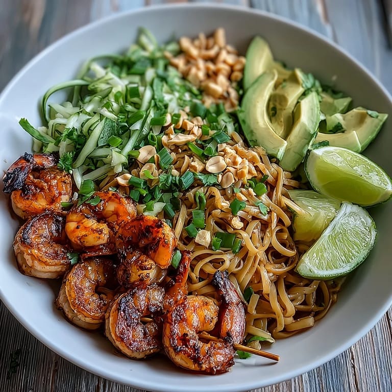 Flavorful Grilled Shrimp Asian Noodle Bowl with fresh avocado, peanuts, and bright lime notes.