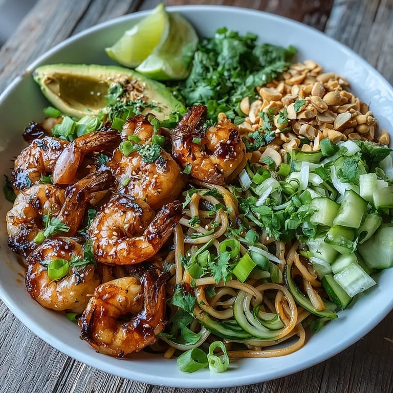 Juicy grilled shrimp nestled with crisp veggies on a delicious Grilled Shrimp Asian Noodle Bowl.