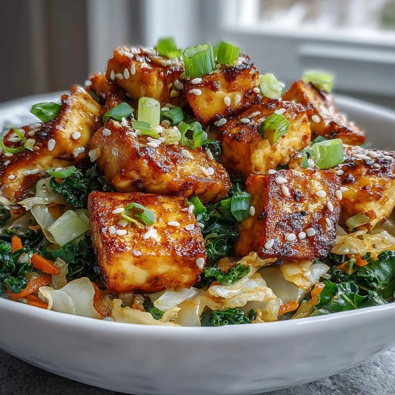 Fork-ready serving of Tofu Egg Roll in a Bowl, garnished with fresh green onions and chili flakes, offering a hearty, high-protein vegan meal inspired by classic egg roll flavors.