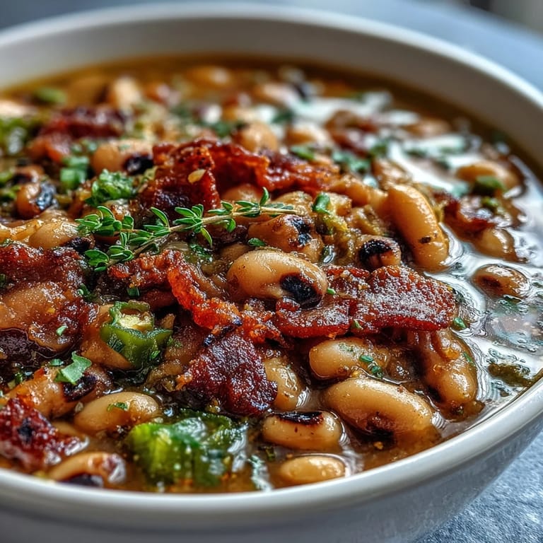 Big Pot of Texas Black-Eyed Peas simmering in a Dutch oven with smoky bacon, Rotel tomatoes, and diced jalapeños.