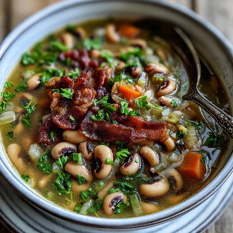 Steamy Black-Eyed Peas and Bacon Soup served alongside warm cornbread and butter.