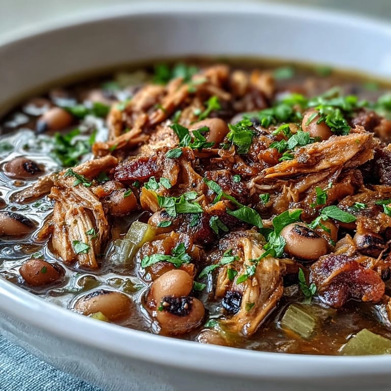 Close-up of a spoon lifting tender Black-Eyed Peas With Smoked Turkey from a rustic pot, revealing the smoky, flavorful broth.