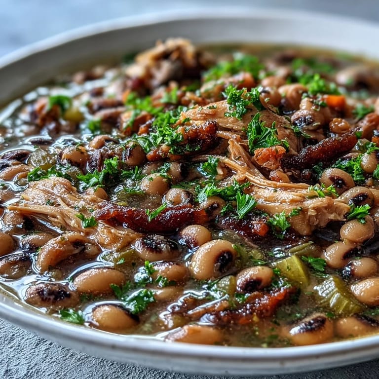 A hearty bowl of Black-Eyed Peas With Smoked Turkey, served alongside golden cornbread and a colorful side salad for a classic Southern meal.