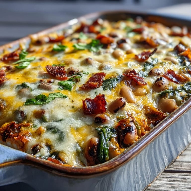 A spoon lifts a hearty serving of Tex Mex Black Eyed Pea Casserole showing layered rice and bacon.