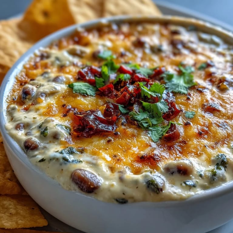 A rustic bowl of Hot Black-Eyed Pea Dip with Jalapeño and Cumin is garnished with cilantro and jalapeños.