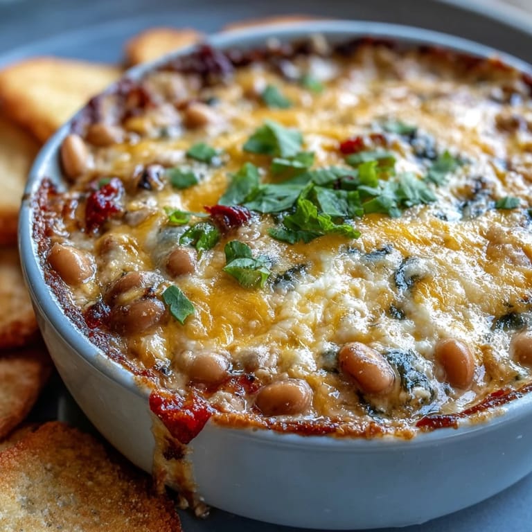 Warm Black-Eyed Pea Dip fresh from the oven, golden cheese crust with red bell pepper flecks.