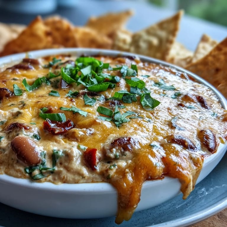 Spoonful of cheesy Black-Eyed Pea Dip lifted from the skillet, revealing peas, jalapeños, and green onions.