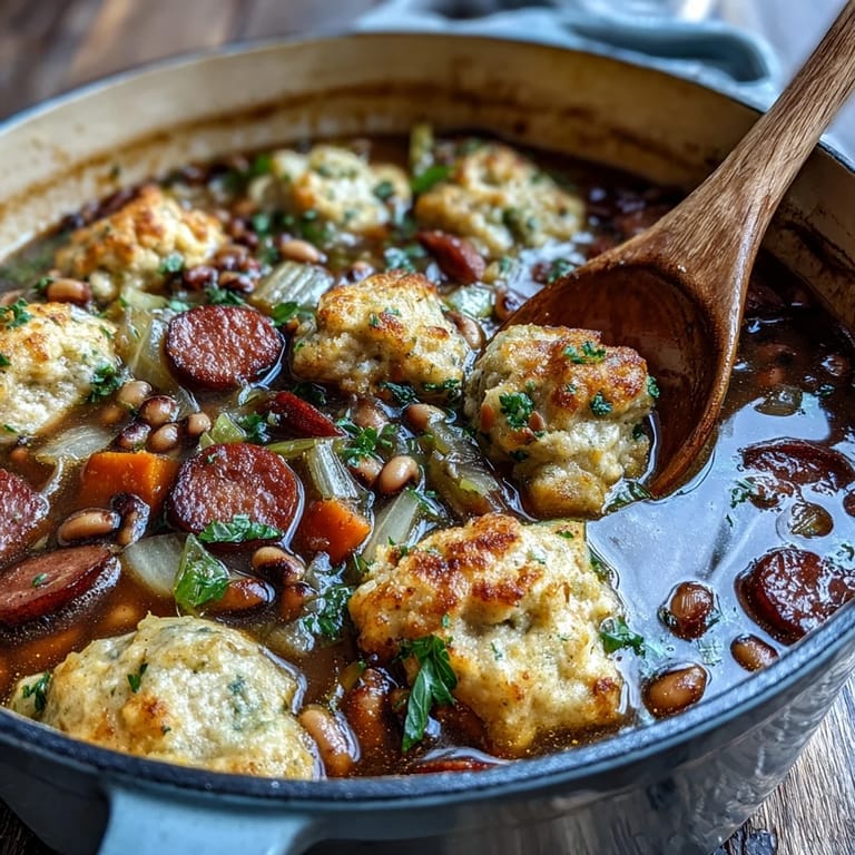 Close-up on fluffy cornmeal dumplings and savory broth in a comforting Black-Eyed Peas and Sausage Dumplings recipe.