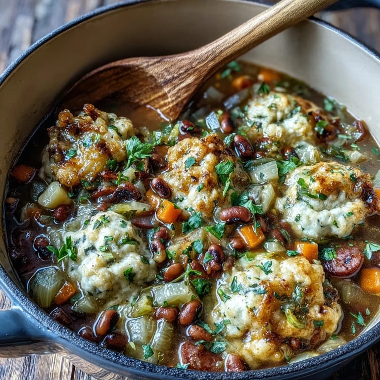 Bright herbs garnish a rustic Dutch oven filled with Black-Eyed Peas and Sausage Dumplings stew.