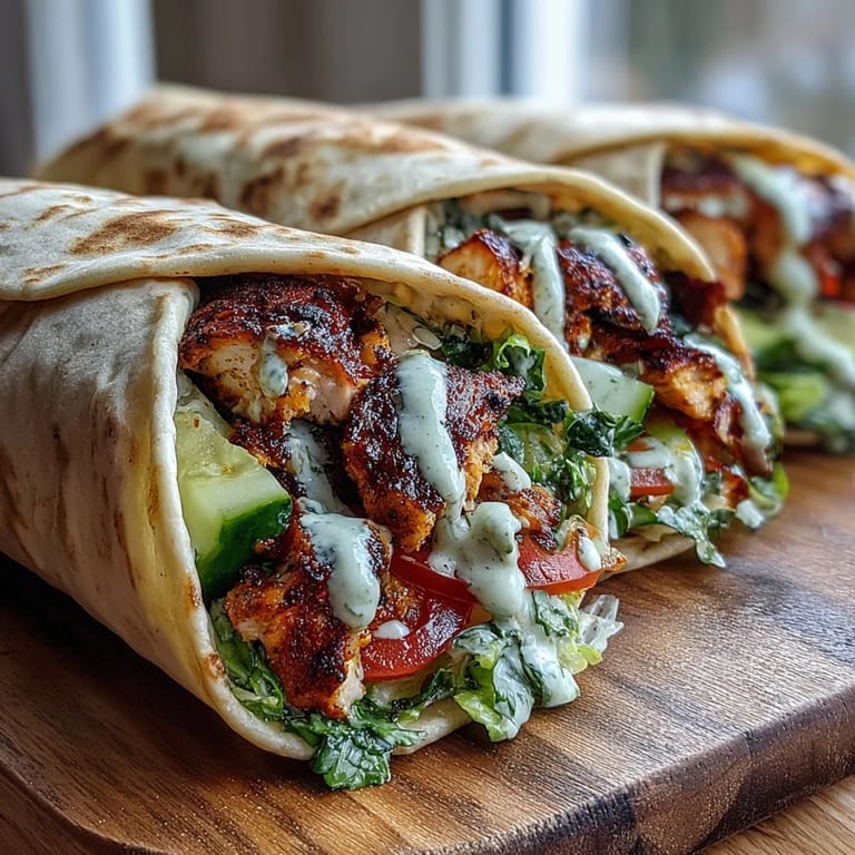A close-up of sizzling chicken shawarma wrapped in warm pita, garnished with crunchy cucumbers and tangy pickles, ready to eat.