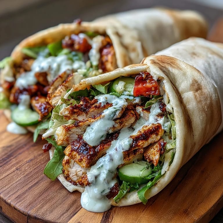 Assembled chicken shawarma wrap with juicy marinated meat and creamy garlic sauce, served alongside fresh vegetables for a hearty meal.