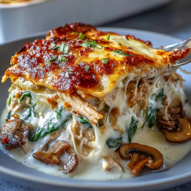 Freshly baked Chicken Spinach & Mushroom Low Carb Oven Dish served hot from the oven, featuring a hearty, gluten-free, low-carb casserole perfect for dinner.