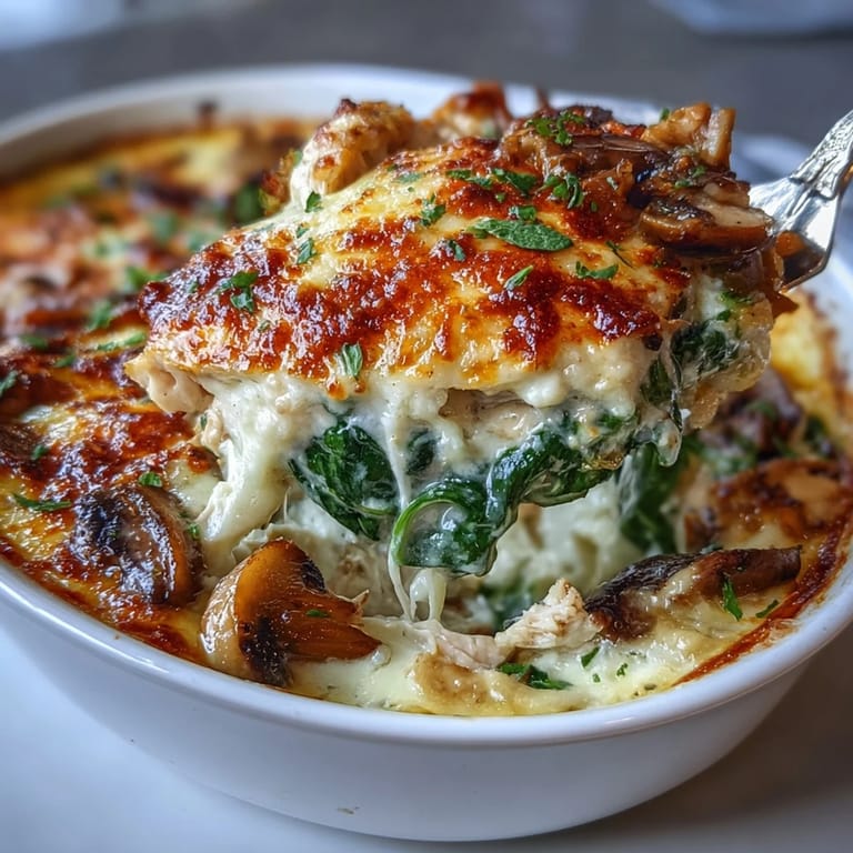 A spoon lifts a generous serving of the Chicken Spinach & Mushroom Low Carb Oven Dish, revealing layers of spinach, mushrooms, and melted cheese.