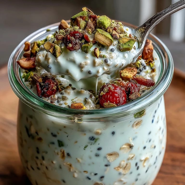 Cinnamon-dusted pistachio overnight oats layered with Greek yogurt and milk for a protein-rich breakfast.