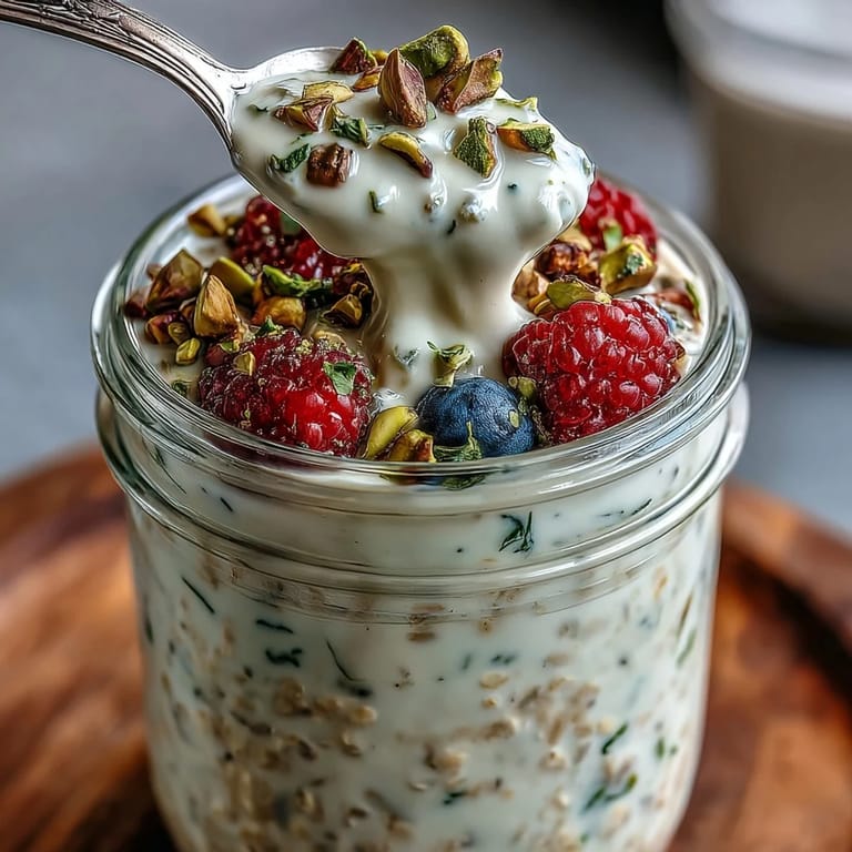 A chilled jar of pistachio overnight oats with chia seeds and honey, ready to serve cold.