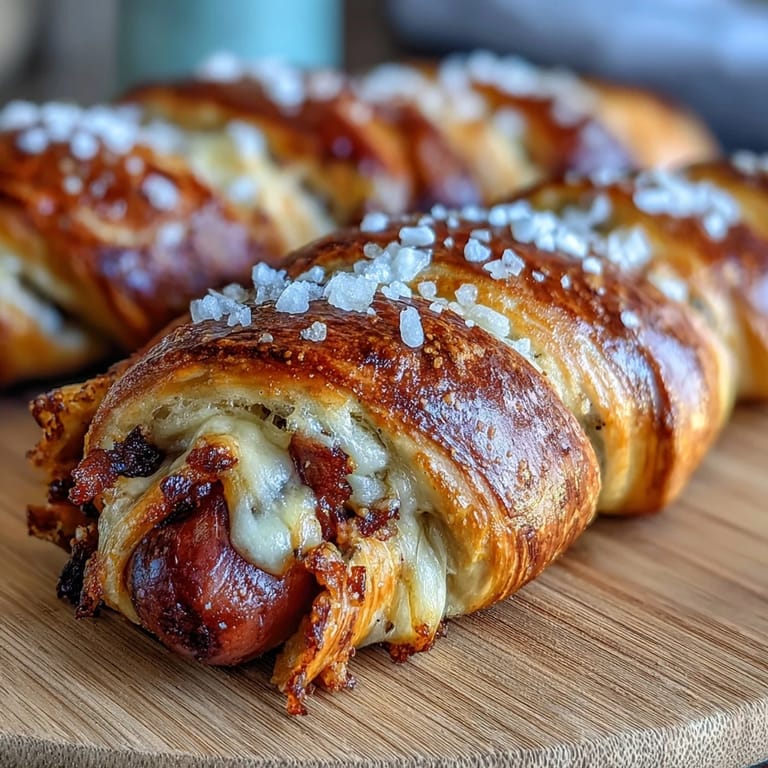 Freshly baked Soft Baked Cheesy Pretzel Dogs with coarse salt, cut open to reveal the gooey, savory cheddar filling.