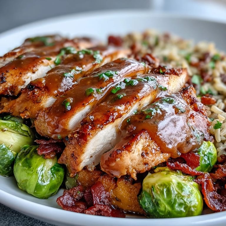 A close-up of a warm Maple Dijon Chicken Sweet Potato Bowl reveals glazed chicken, fluffy rice, and caramelized sweet potatoes ready to be eaten.
