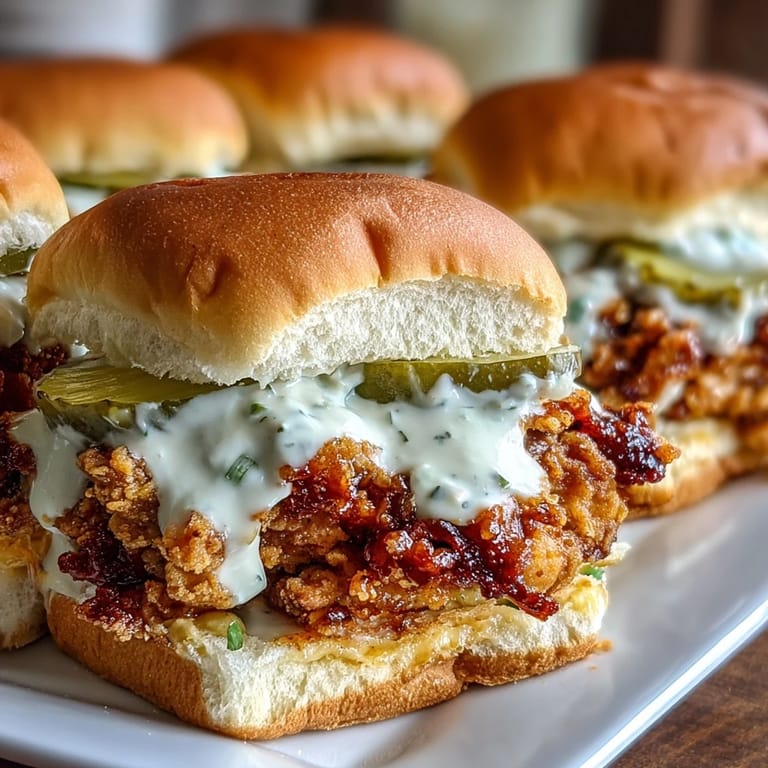 These Nashville Hot Chicken Sliders with Dill Pickle Aioli are served warm on soft buns, garnished with extra pickle slices for a tangy crunch.