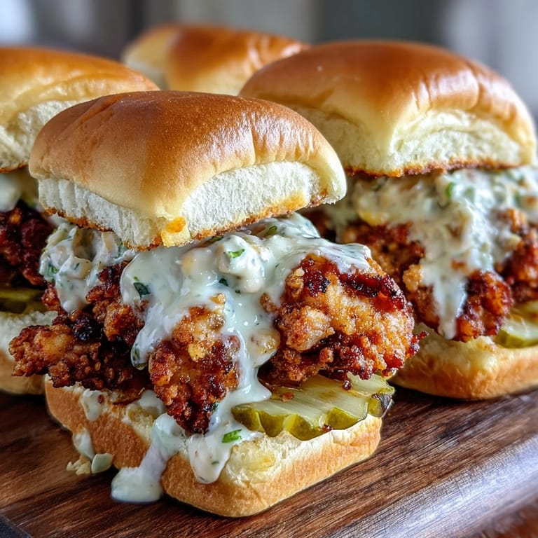 Close-up of Nashville Hot Chicken Sliders with Dill Pickle Aioli, highlighting golden-brown breading and creamy aioli on toasted buns ready to be devoured.