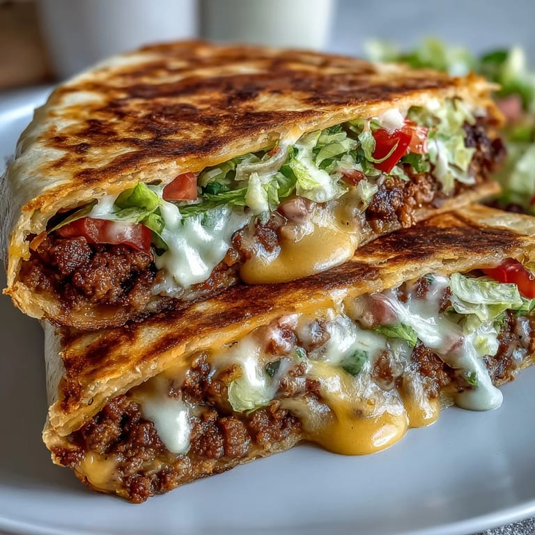 Crumbled taco beef and creamy cheddar sauce inside a crunchy, golden-brown low-carb tortilla, topped with sour cream and jalapeños.