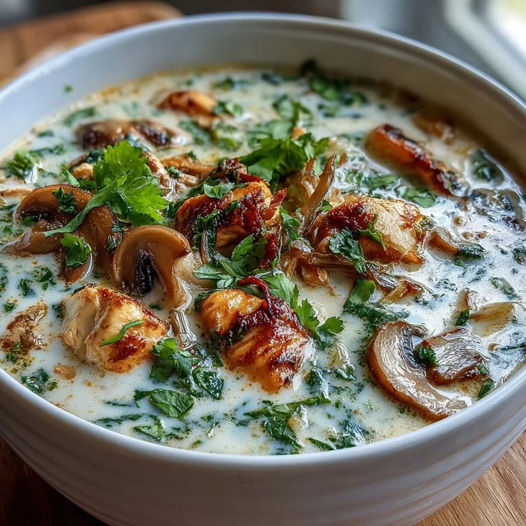 Vibrant Thai Tom Kha Soup with sliced mushrooms, chicken, and a garnish of cilantro and lime.