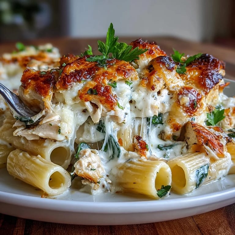 Rotisserie chicken and penne pasta coated in creamy Greek yogurt Alfredo sauce in a baking dish.