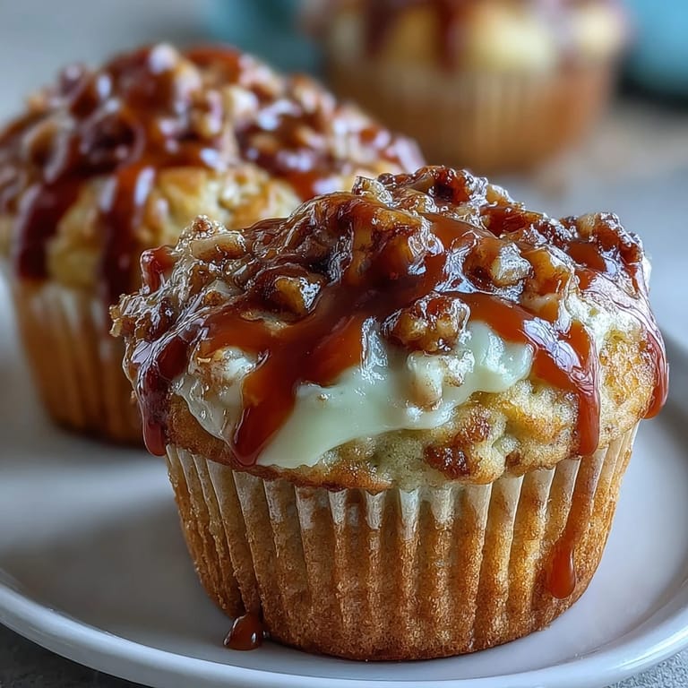 Golden Caramel Cream Cheese Swirl Muffins with a rich cream cheese center, arranged on a rustic plate ready for breakfast or dessert.