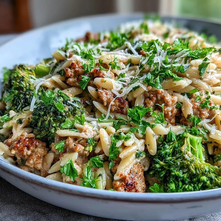 A close-up of a skillet showing creamy orzo with sautéed turkey mince and tender green broccoli florets.
