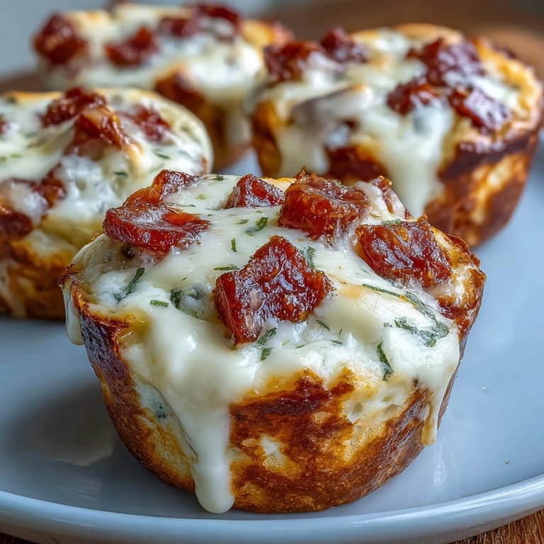 Close-up view of a split High-Protein Pepperoni Breakfast Cup showing fluffy egg frittata texture with bits of bell pepper and cheese.
