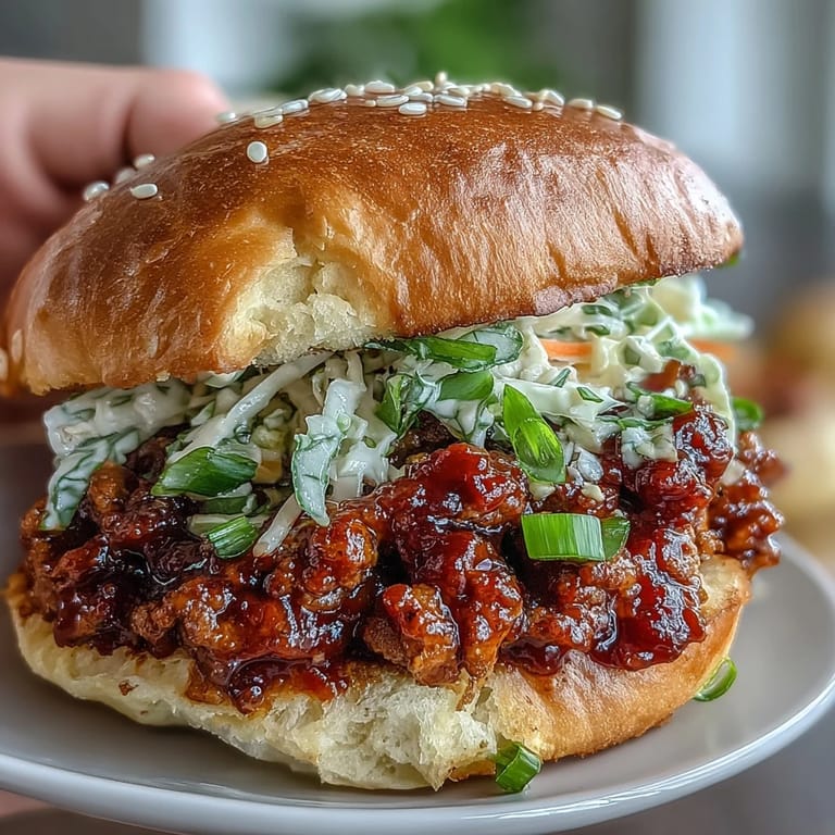 Savory Korean Turkey Sloppy Joe Sliders served warm on a plate, ready to enjoy with a side of pickles.