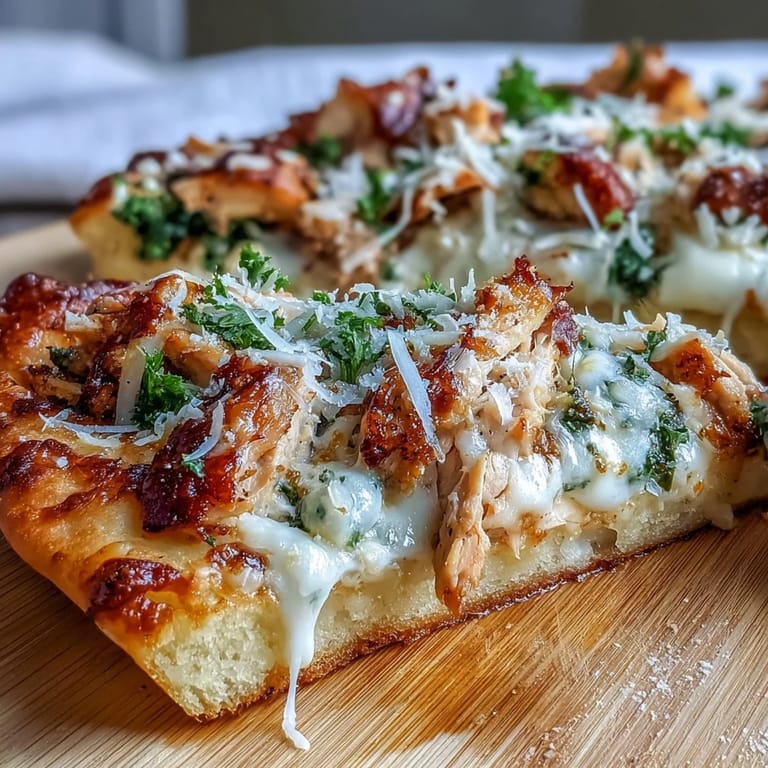 Golden Garlic Naan Chicken Caesar Pizzas with melted parmesan, fresh green romaine, and a light Caesar drizzle on a wooden platter.