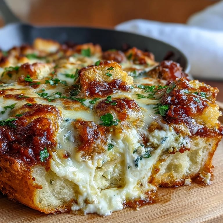 Fresh parsley garnishes a hearty slice of Cheesy Garlic Bread Lasagna Skillet on a rustic wooden plate.