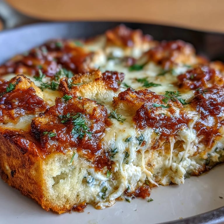 Melted cheese pulls away from a spoonful of Cheesy Garlic Bread Lasagna Skillet, revealing layers of saucy pasta.