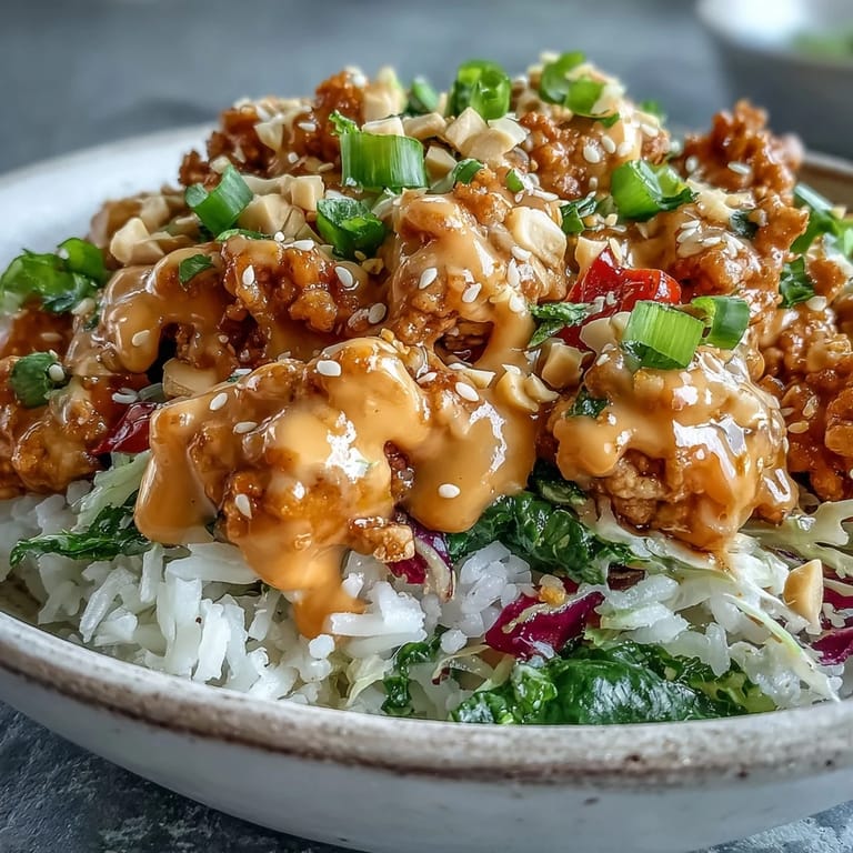 Sliced cucumbers, shredded carrots, and red bell peppers add crunchy texture to the colorful Spicy Bang Bang Turkey Rice Bowl.