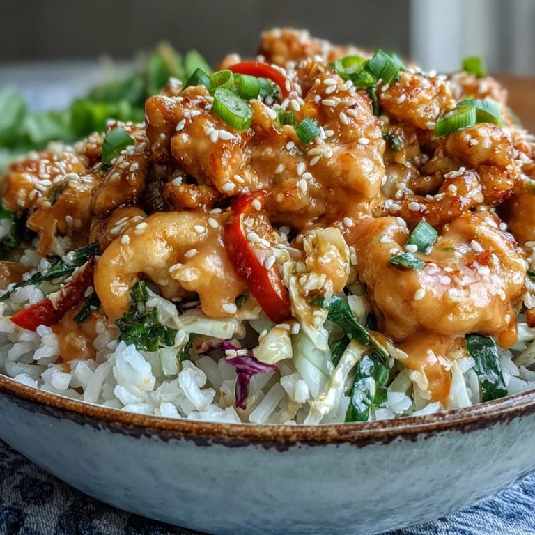A creamy, spicy bang bang sauce is drizzled over the assembled Spicy Bang Bang Turkey Rice Bowl, ready to serve.