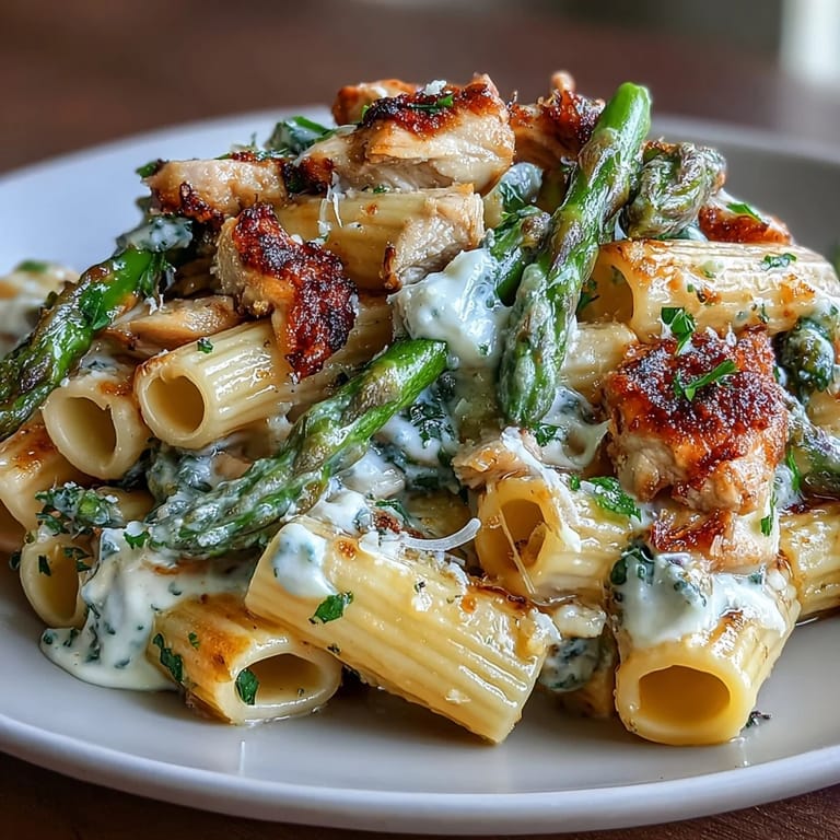 Close-up of golden roasted asparagus and sliced chicken in creamy Crispy Parmesan Asparagus Chicken Pasta.