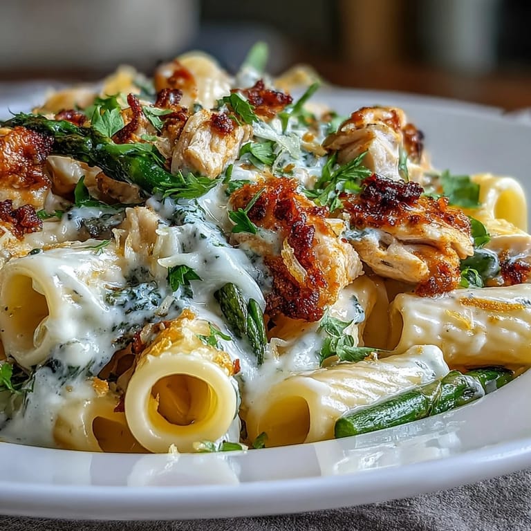 Freshly prepared Crispy Parmesan Asparagus Chicken Pasta in a skillet with a lemony, garlicky cream sauce.