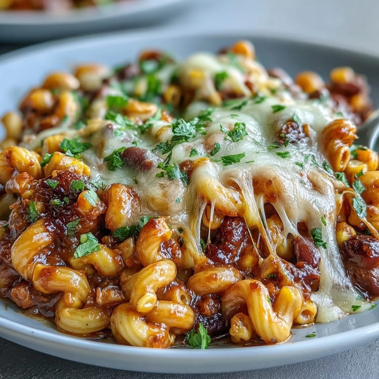 A close-up of One-Pot Tex-Mex Chili Mac with Corn, garnished with green onions and sour cream, ready to be served.
