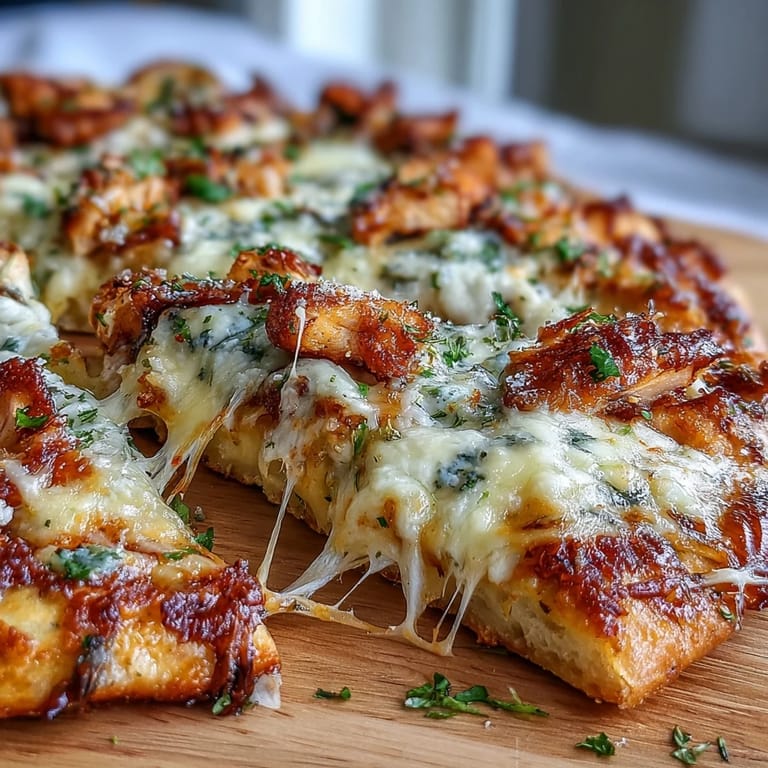 A slice of Garlic Naan Chicken Caesar Pizzas with juicy chicken, parmesan, and romaine on naan.
